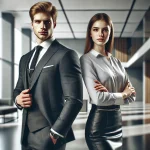 Two professionals in business attire standing in an office.