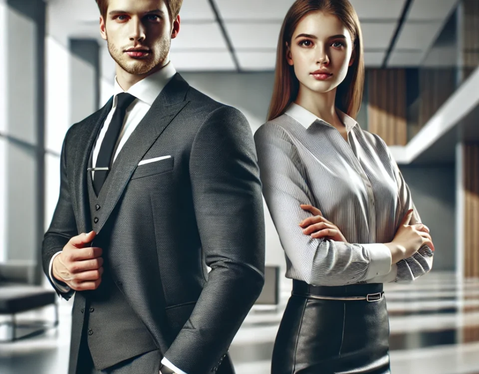 Two professionals in business attire standing in an office.