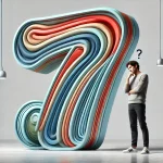 A person stands, contemplating a large, colorful 3D sculpture of the number 7 in a room.