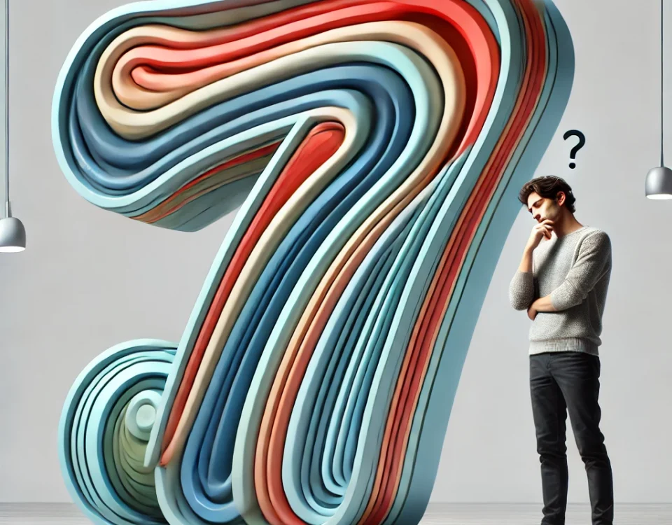 A person stands, contemplating a large, colorful 3D sculpture of the number 7 in a room.