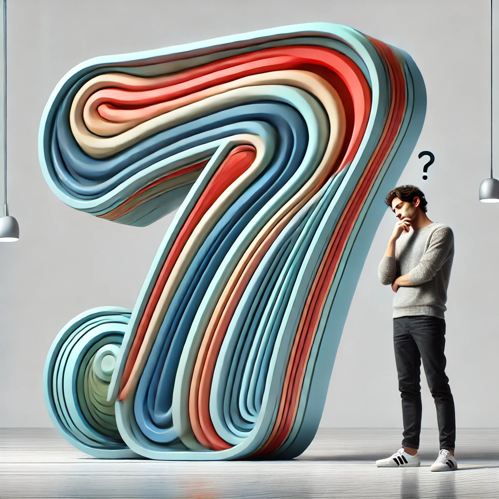 A person stands, contemplating a large, colorful 3D sculpture of the number 7 in a room.