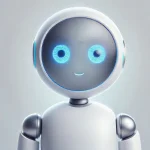 A friendly-looking robot with a round head, glowing blue eyes, and a small smile.