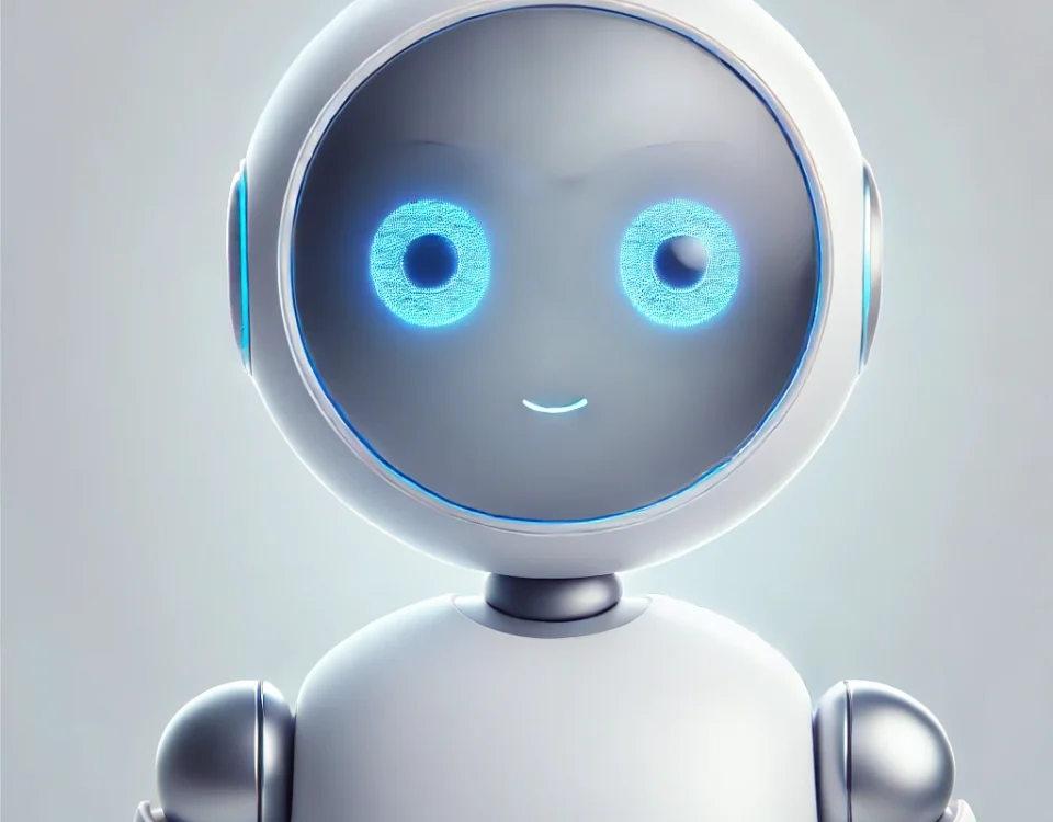 A friendly-looking robot with a round head, glowing blue eyes, and a small smile.
