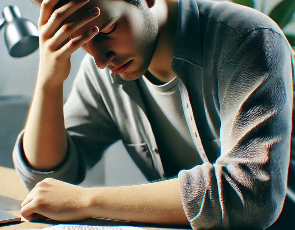 A person looks stressed while studying with papers on a desk.