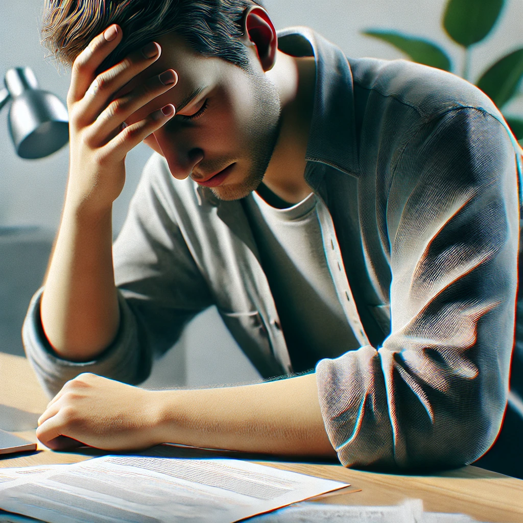 A person looks stressed while studying with papers on a desk.