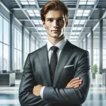 A businessman in a suit with arms crossed in a modern office.