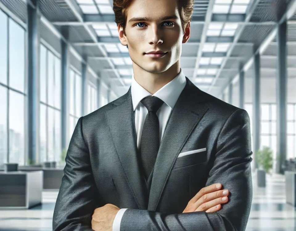 A businessman in a suit with arms crossed in a modern office.