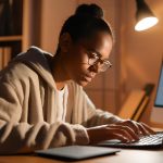 A person in a cozy sweater typing on a laptop in a warm room.