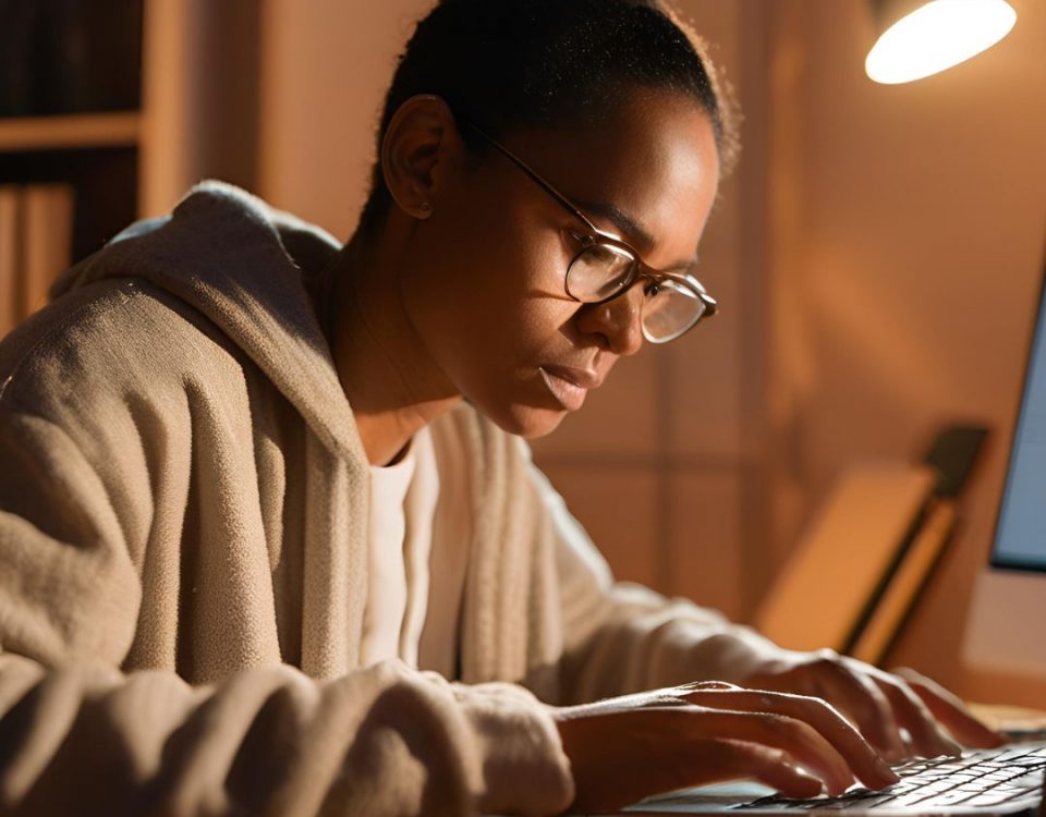 A person in a cozy sweater typing on a laptop in a warm room.