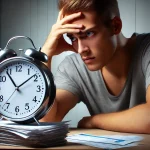 A person sitting with a large clock and a pile of paperwork.