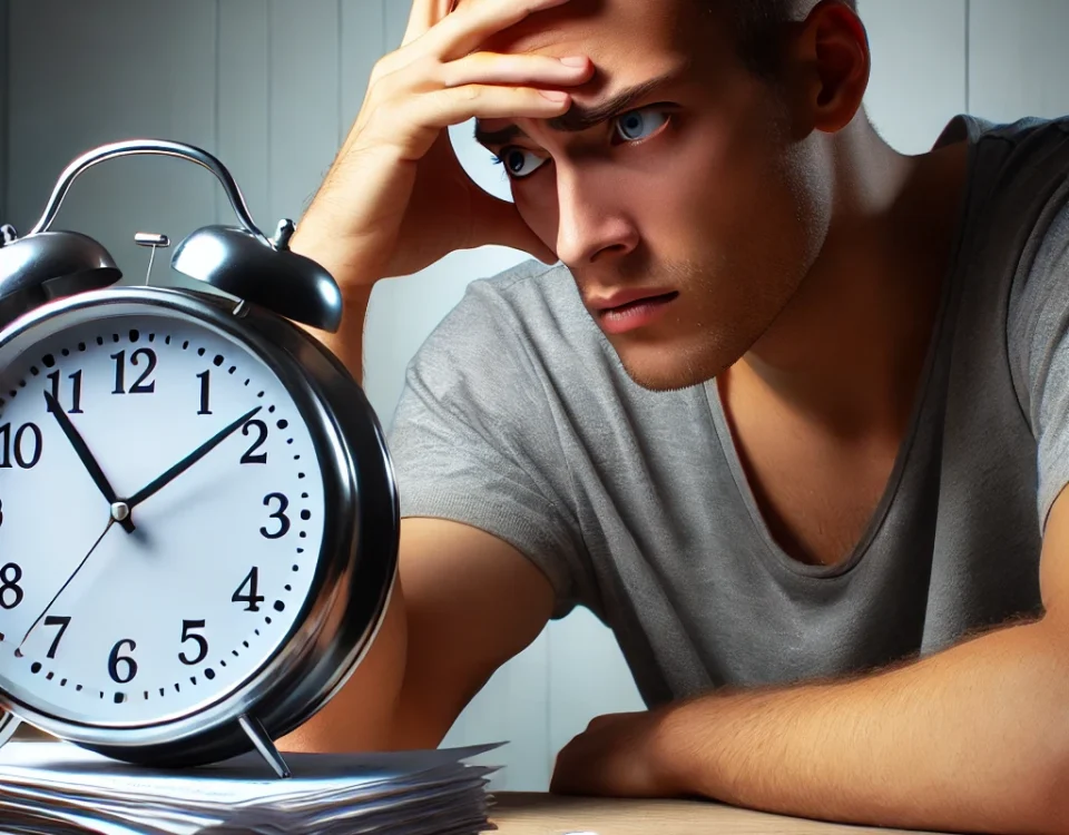 A person sitting with a large clock and a pile of paperwork.
