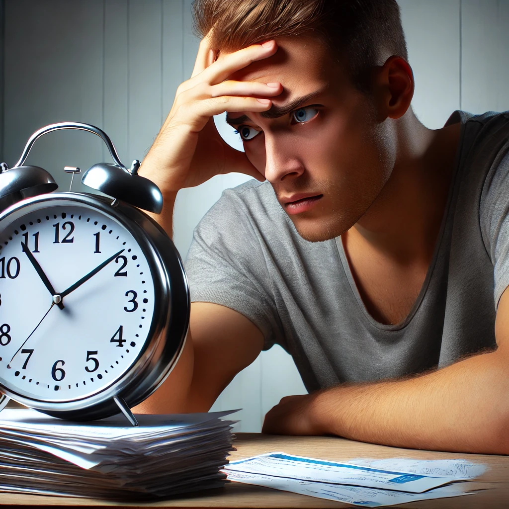 A person sitting with a large clock and a pile of paperwork.