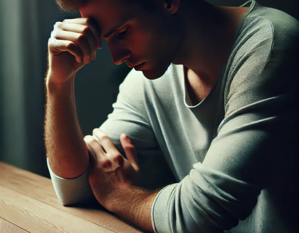 A person in a white t-shirt resting their head on their hand at a wooden table, looking thoughtful or sad.