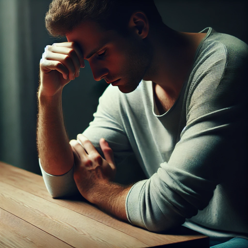 A person in a white t-shirt resting their head on their hand at a wooden table, looking thoughtful or sad.