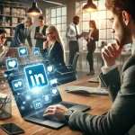 A businessperson at a laptop with LinkedIn icons appearing on the screen in a busy office.