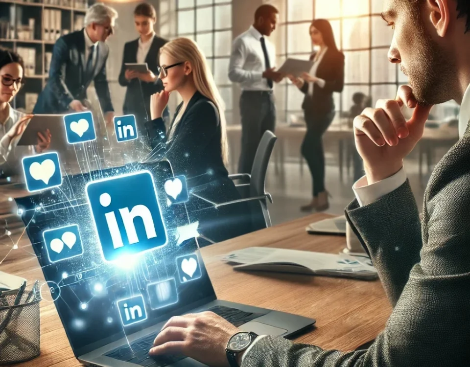 A businessperson at a laptop with LinkedIn icons appearing on the screen in a busy office.