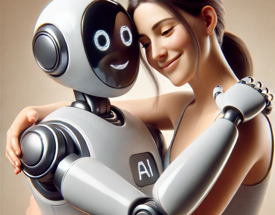 A smiling robot with "AI" on its chest, hugging a human from behind.