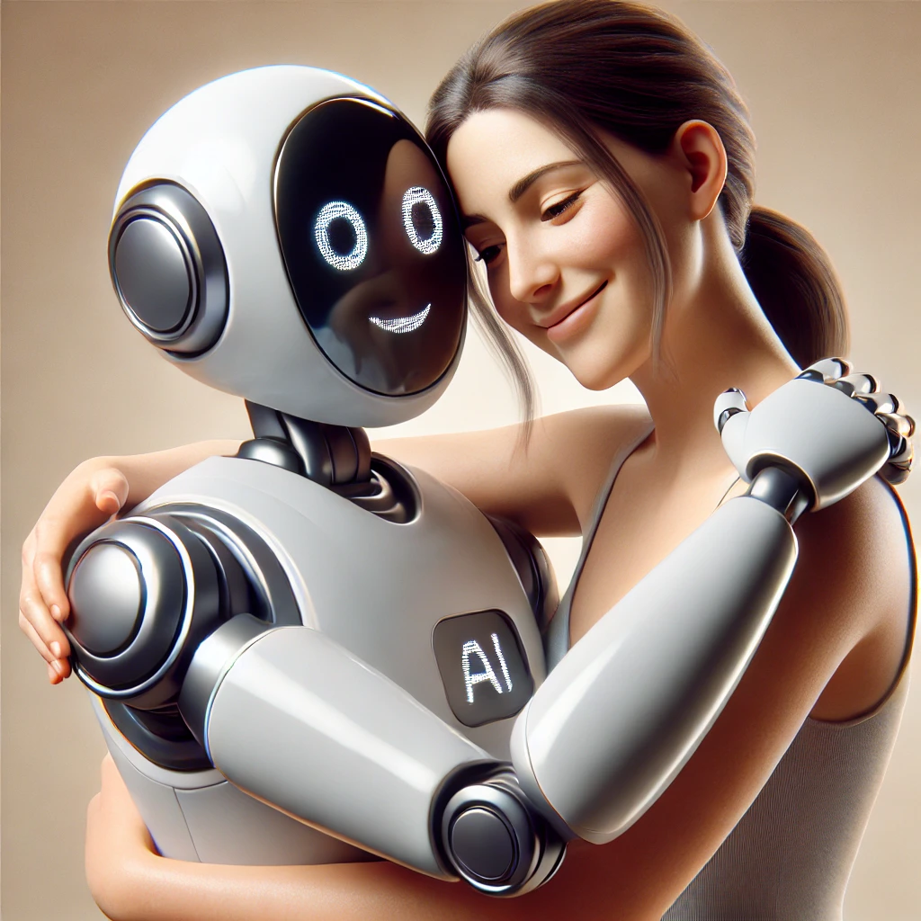 A smiling robot with "AI" on its chest, hugging a human from behind.