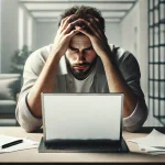 A person with hands on their head in front of a laptop, papers on the desk, showing stress or frustration.