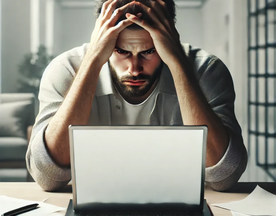 A person with hands on their head in front of a laptop, papers on the desk, showing stress or frustration.