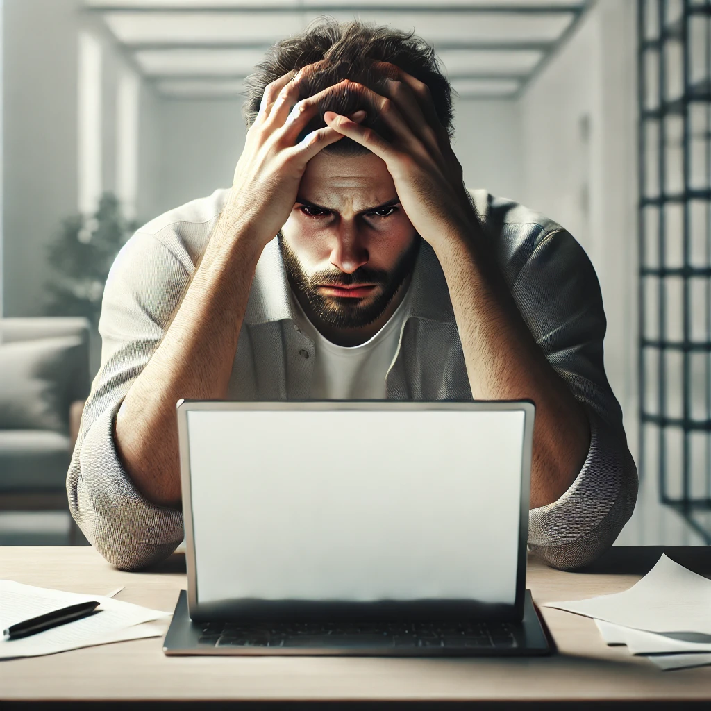 A person with hands on their head in front of a laptop, papers on the desk, showing stress or frustration.