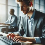 A man in a suit typing on a keyboard in a sunlit office.
