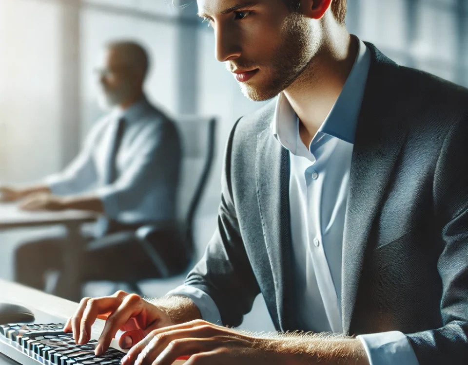 A man in a suit typing on a keyboard in a sunlit office.