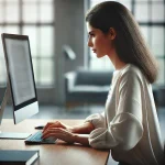 A woman working at a desk with a computer and smartphone in a well-lit office.
