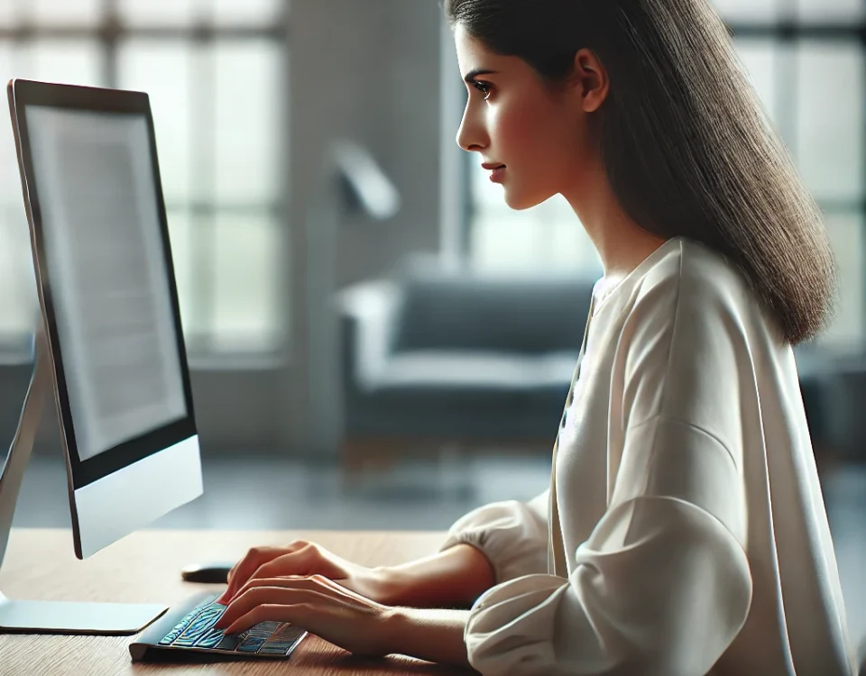 A woman working at a desk with a computer and smartphone in a well-lit office.
