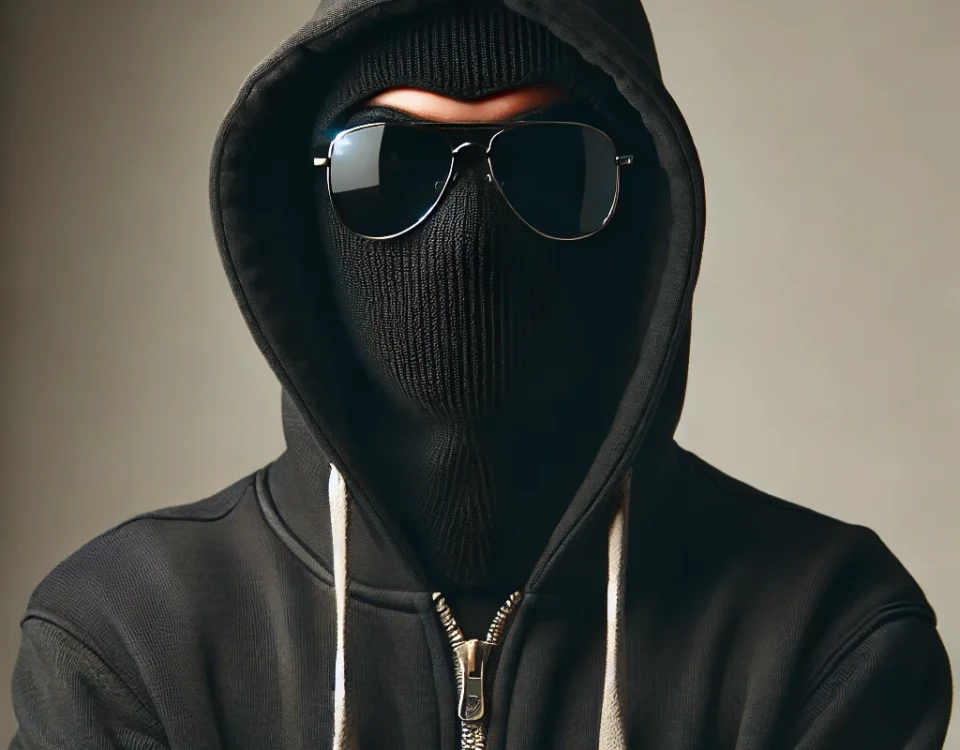 A person wearing a black hooded jacket, black sunglasses, and a black balaclava against a neutral background.