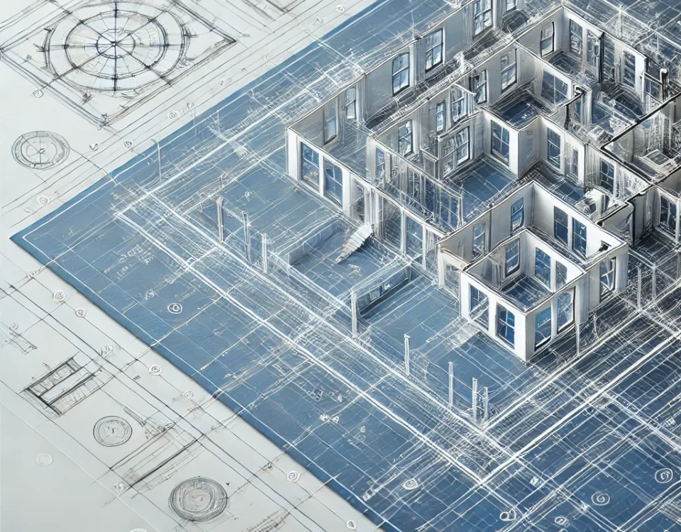 3D architectural blueprint of a multi-story building with overlaid plans.