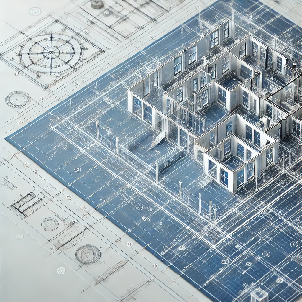 3D architectural blueprint of a multi-story building with overlaid plans.