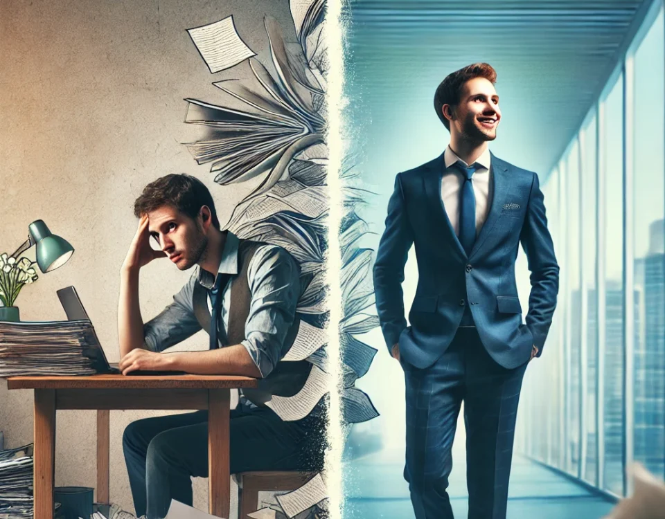 A split image showing a stressed office worker and a confident businessman in a modern office.