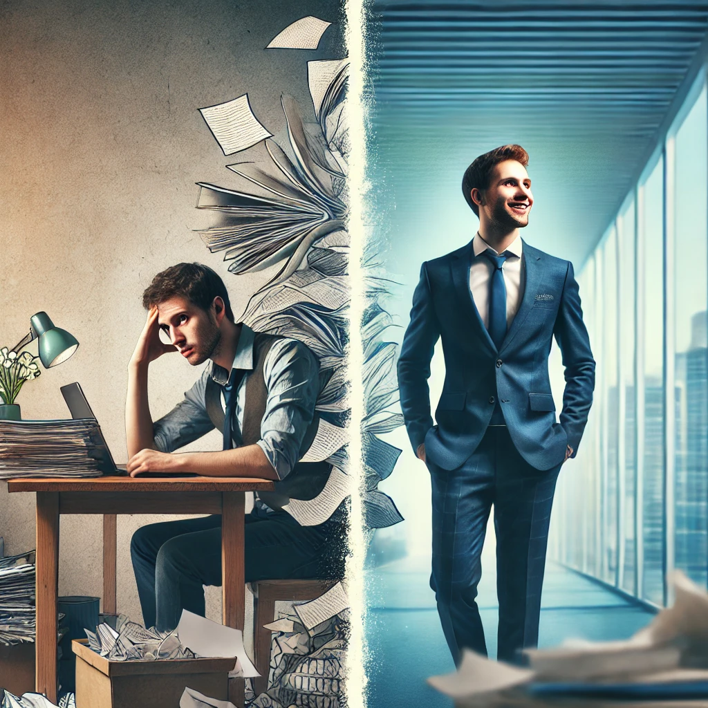 A split image showing a stressed office worker and a confident businessman in a modern office.